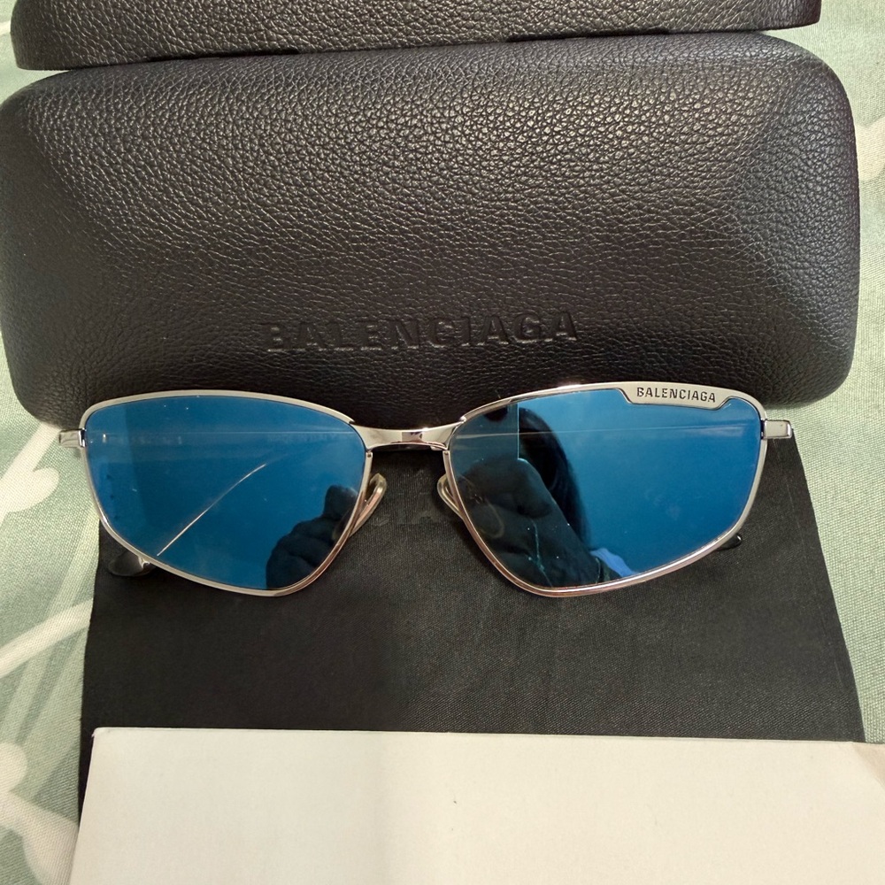 Balenciaga Men’s or women’s wSilver Frame Blue Lens Sunglasses